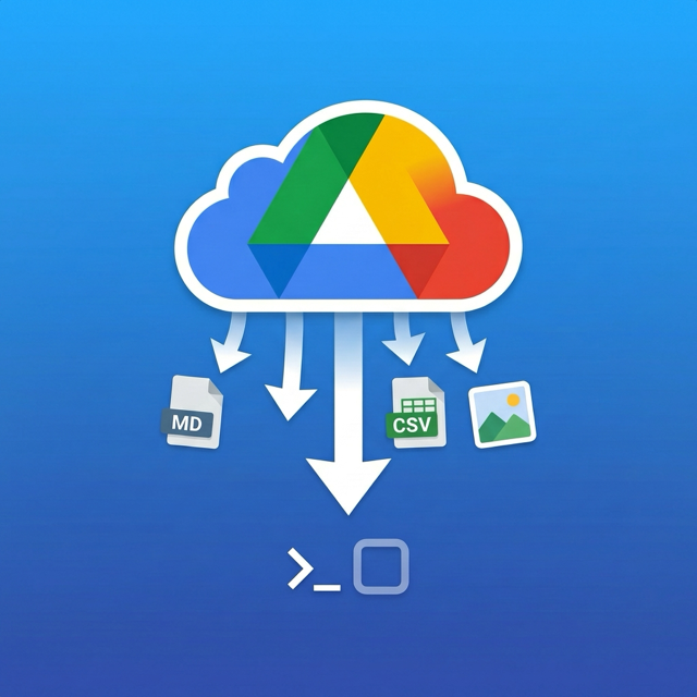 GDriveSync brand art showing Google Drive files flowing into markdown, csv, and image outputs.